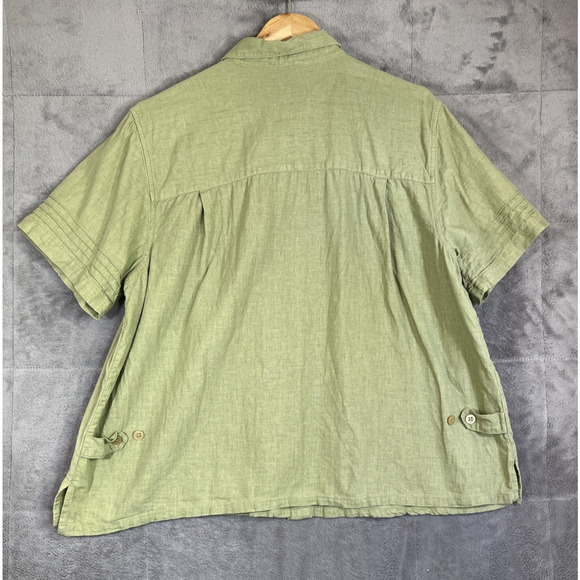 CJ Banks Shirt Womens 1X Green Linen Blend Button Up Short Sleeve Beachy Coastal - Picture 2 of 8